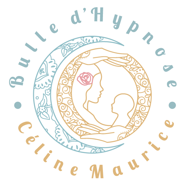 Logo Bulle d'hypnose en couleur représentant un enfant et sa maman entre deux mains et la lune
